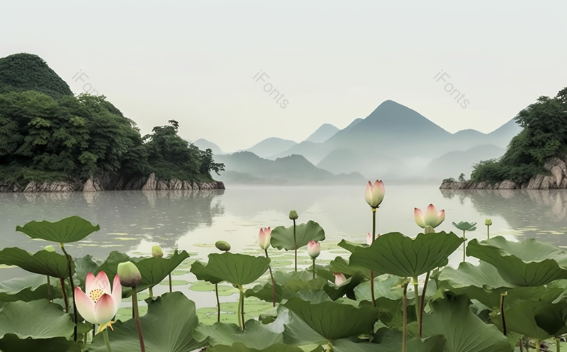 立夏山脉树林西湖荷花荷叶盛开岸边传统榫卯建筑国风摄影作品,插画/手绘图,插画/手绘图库,插画/手绘图下载,插画/手绘